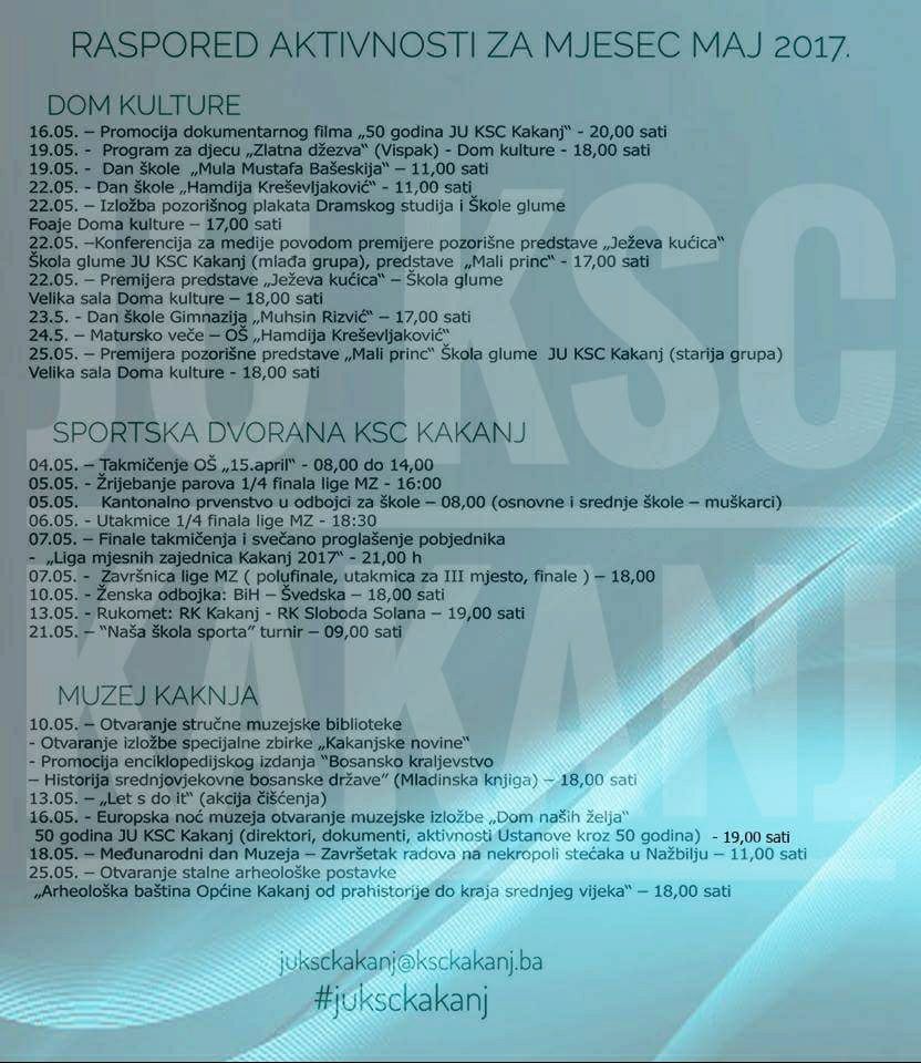 Pogledajte raspored dešavanja za mjesec maj u JU KSC Kakanj