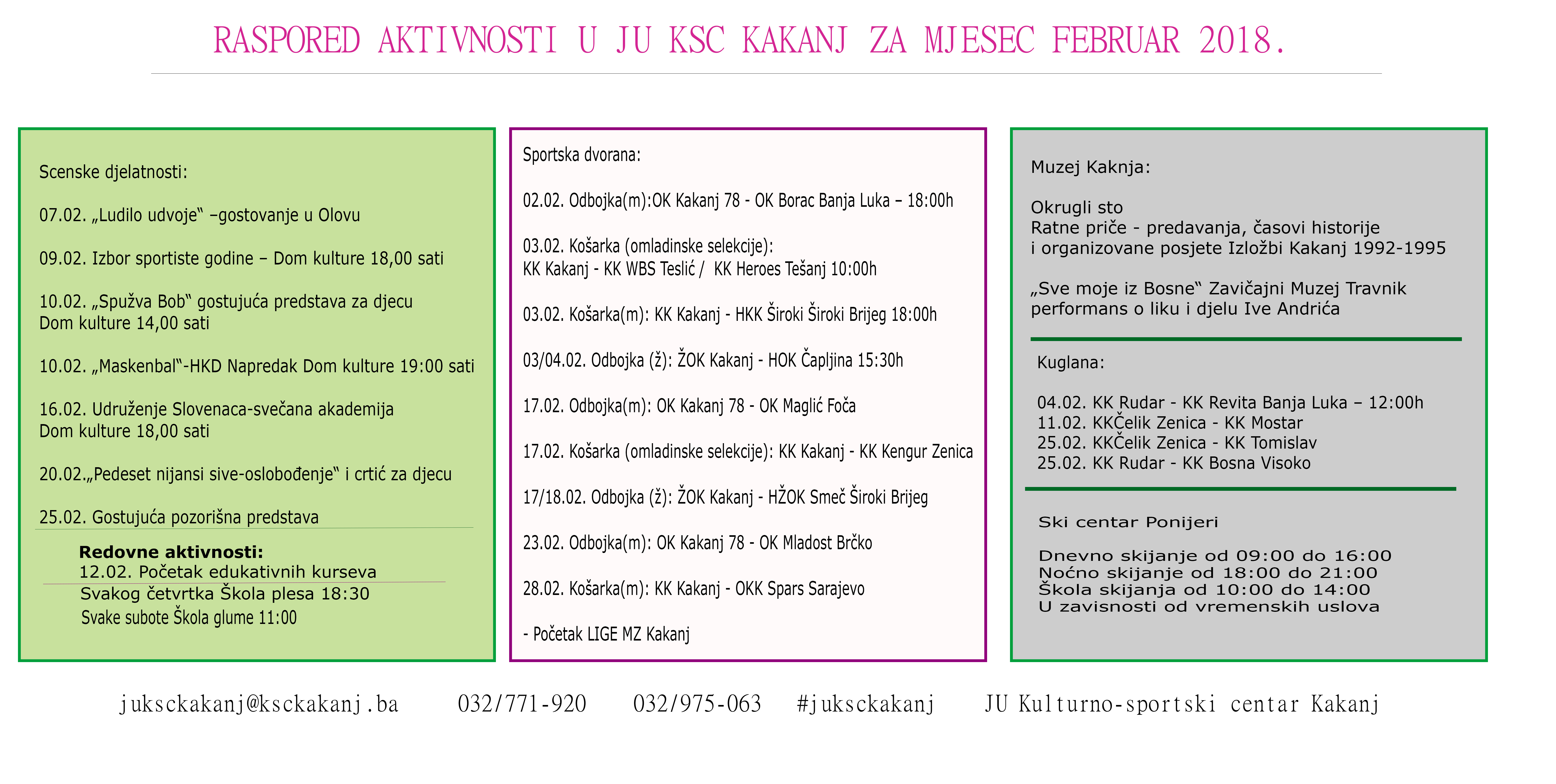 Pogledajte raspored aktivnosti u JU KSC Kakanj za mjesec februar 2018. godine