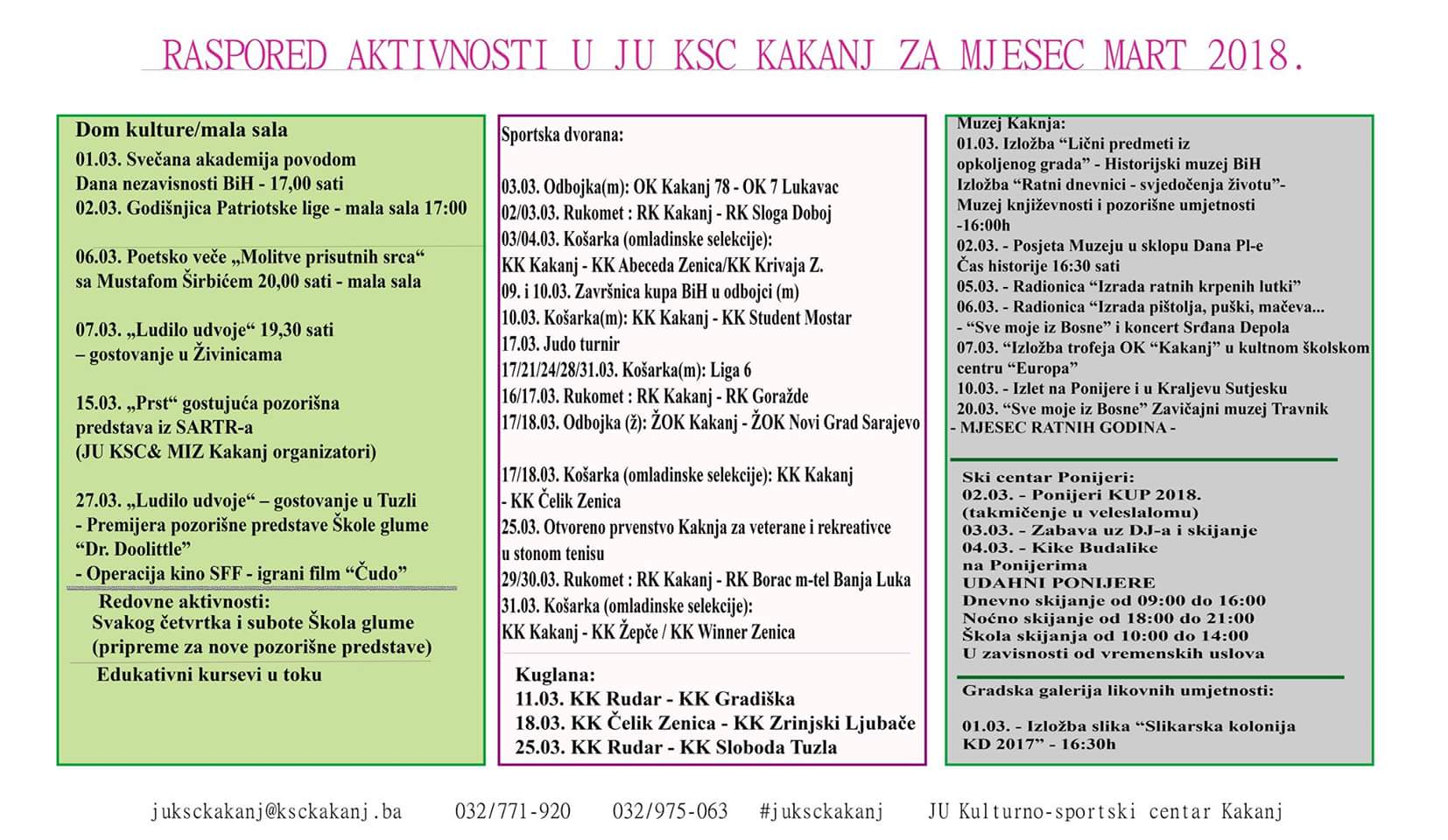 Raspored aktivnosti u JU KSC Kakanj za mjesec mart 2018. godine