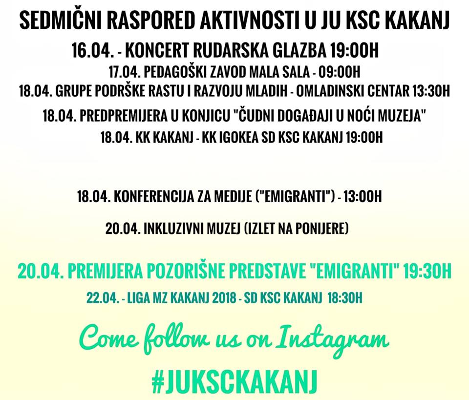 Sedmični raspored aktivnosti u JU KSC Kakanj