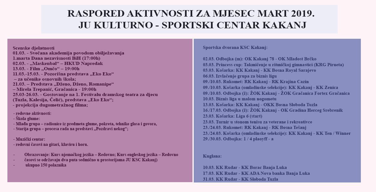 Raspored aktivnosti za mjesec mart 2019. godine – JU KSC Kakanj