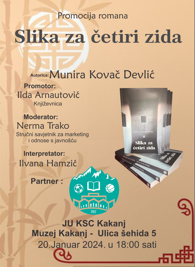 Muzej Kaknja: Promocija romana “Slika za četiri zida” autorice Munire Kovač u subotu 20. januara